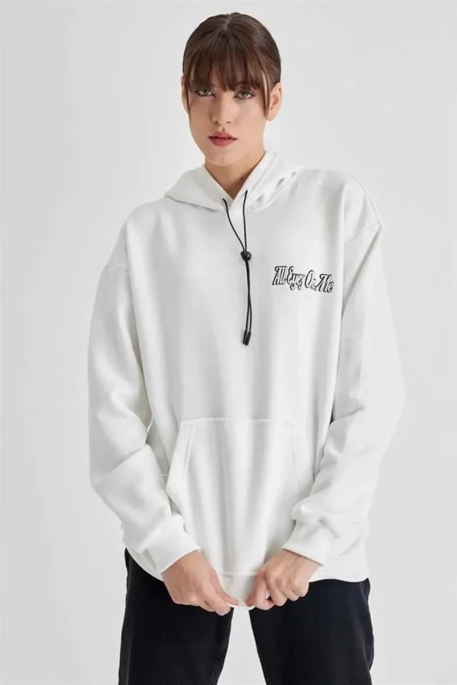 Kapüşonlu Sırt Baskılı Üç İplik Oversize Sweatshirt - Beyaz — görsel 1/2