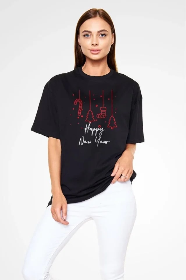 Unisex Bisiklet Yaka Baskılı Oversize T-Shirt - Siyah — görsel 1/1