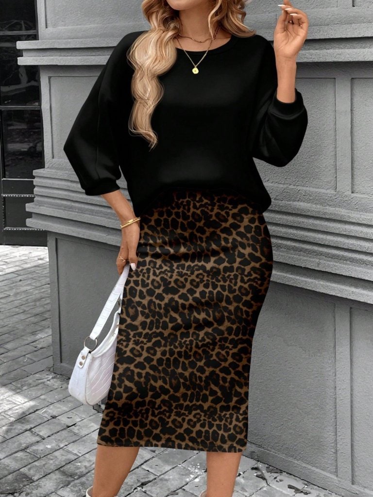 Kadın Uzun Kollu Bisiklet Yaka Modal Bluz Ve Leopar Desenli Etek İkili Takım — görsel 1/7