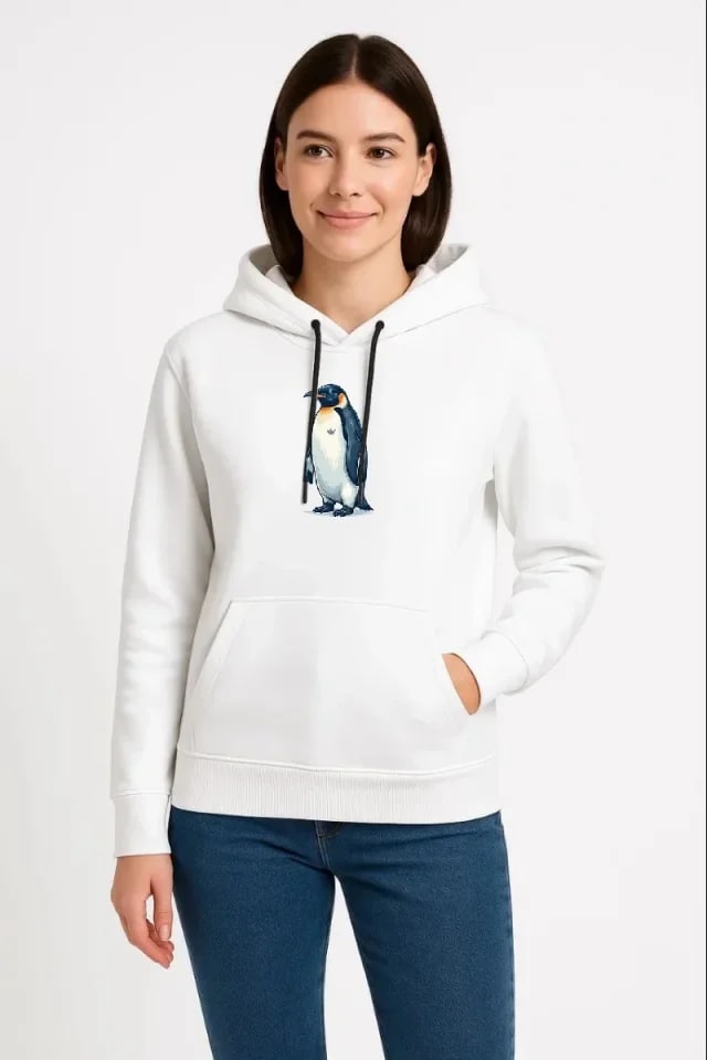 Oversize Hoodie - Sırt Baskılı Survivor Penguin Temalı, Felsefi Yazılı Kapüşonlu Sweatshirt - Beyaz — görsel 1/2