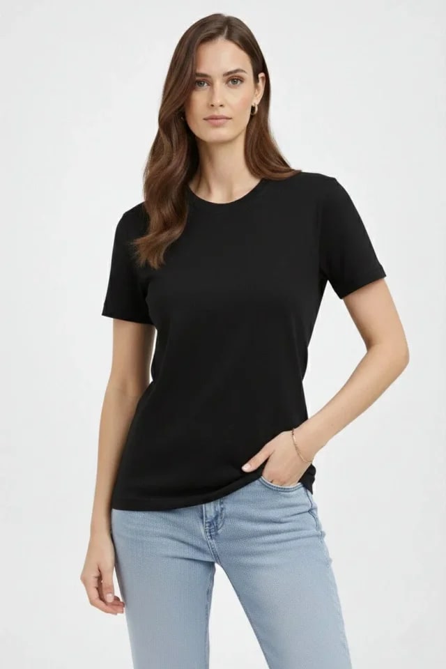 Bisiklet Yaka Tişört Regular Kalıp Basic Pamuklu Günlük Kullanım T-Shirt - Siyah — görsel 1/4