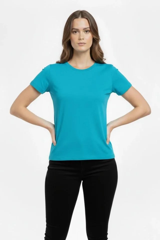 T-Shirt Bisiklet Yaka Slim Fit Likralı Tişört Günlük Basic Body - Turkuvaz — görsel 1/3