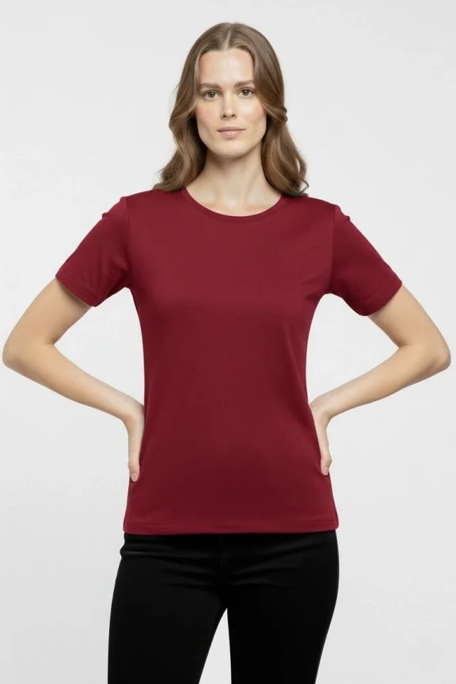 T-Shirt Bisiklet Yaka Slim Fit Likralı Tişört Günlük Basic Body - Bordo — görsel 1/3