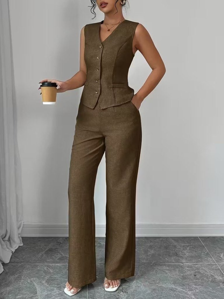Kadın Askılı Önden Düğmeli Bluz Ve Pantolon Keten İkili Takım — görsel 1/4