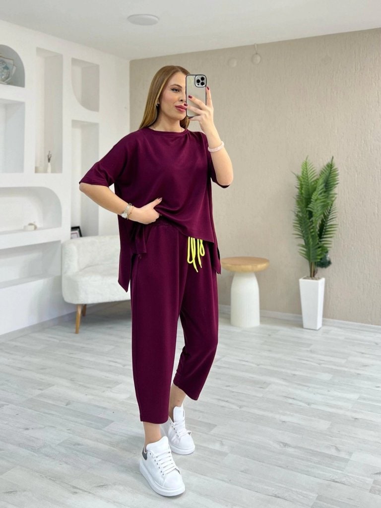 Kadın Kısa Kollu Bisiklet Yaka Viskon İki İplik Bluz Ve Pantolon İkili Takım — görsel 1/6