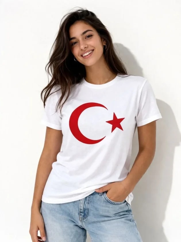 T-Shirt Kısa Kol Bisiklet Yaka Ay Yıldız Bayrak Baskılı Tişört - Beyaz — görsel 1/3
