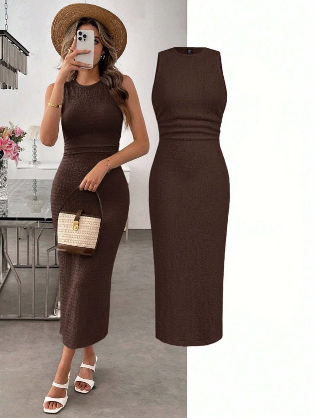 Kadın Askılı Bisiklet Yaka Beli Büzgülü Uzun Bürümcük Elbise — görsel 1/4