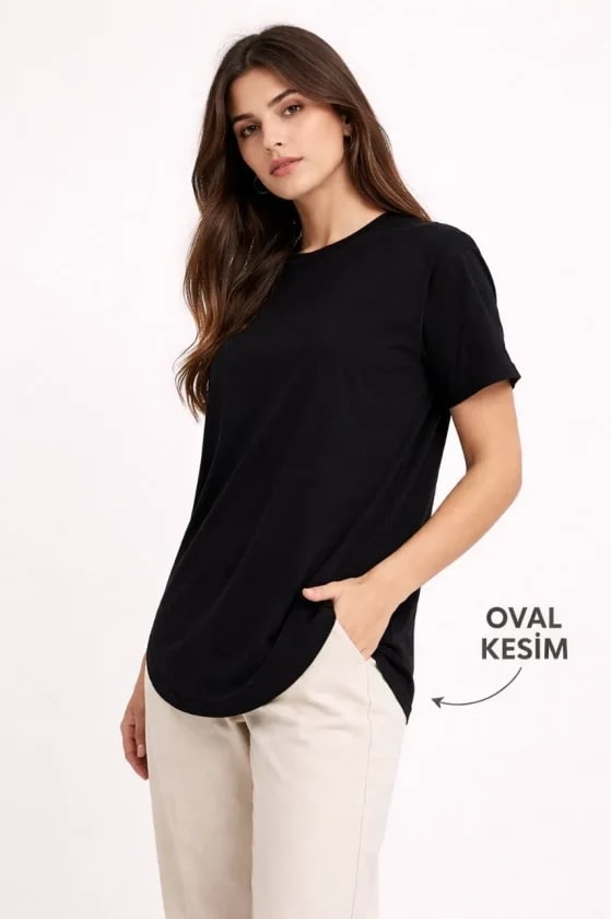 Basic T-Shirt Kısa Kol Bisiklet Yaka Oval Kesim Tişört - Siyah — görsel 1/3