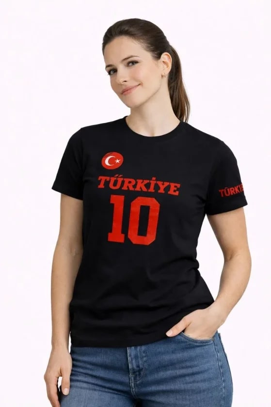 Türkiye Ay Yıldız Baskılı 10 Numara Forma Tişört Taraftar T-Shirt - Siyah — görsel 1/3