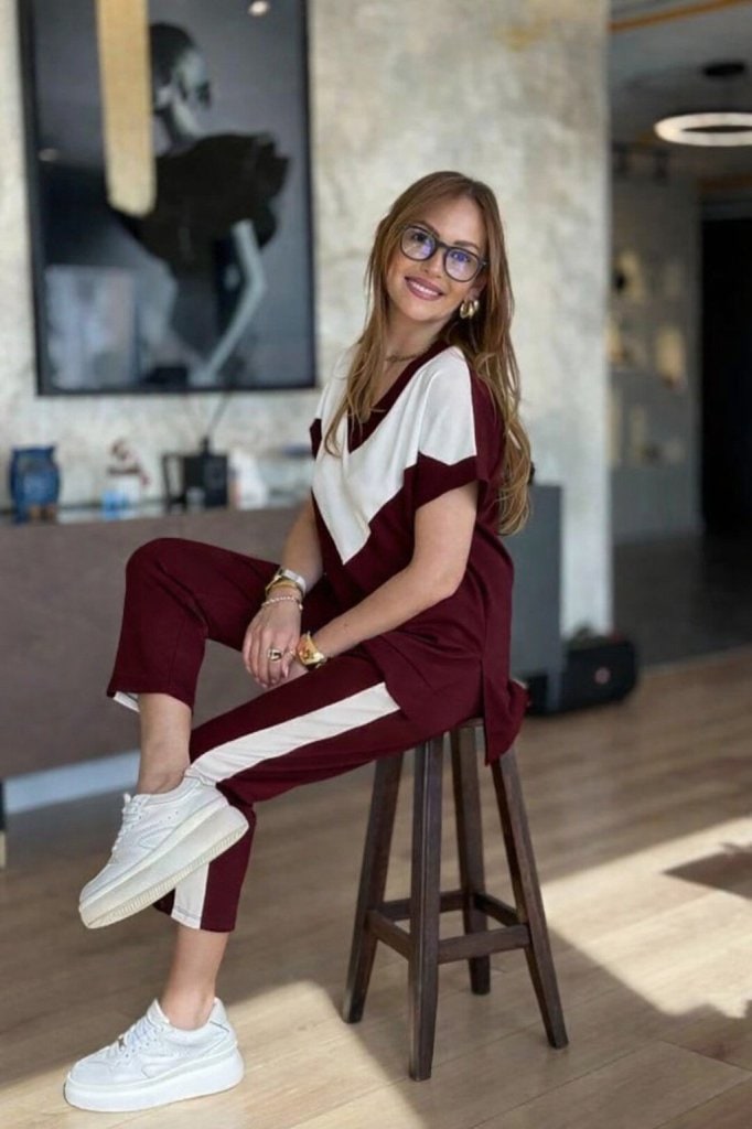 Kadın Kısa Kollu V Yakalı Çift Renkli Viskon İki İplik İkili Bluz Ve Pantolon Takım — görsel 1/5
