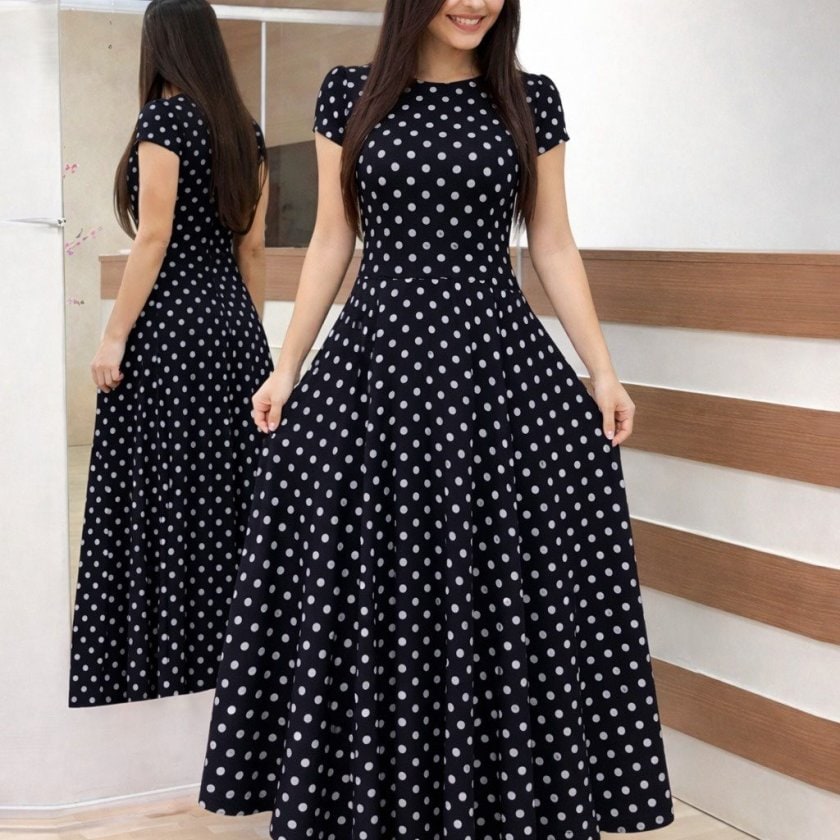 Kadın Kısa Kollu Bisiklet Yaka Puantiyeli Maksi Örme Krep Elbise — görsel 1/5