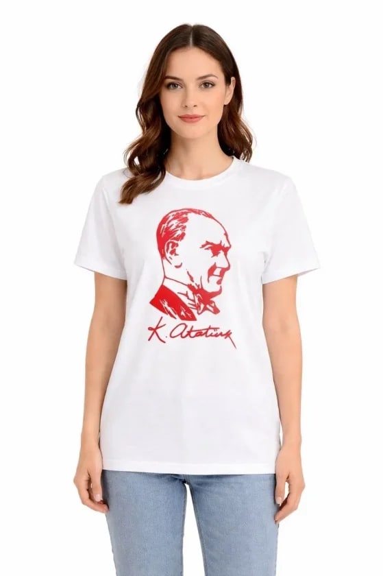 Atatürk Baskılı Tişört Kısa Kollu Bisiklet Yaka T-Shirt - Beyaz — görsel 1/3
