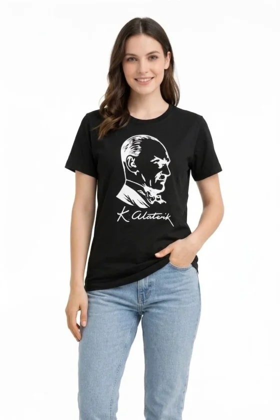 Atatürk Baskılı Tişört Kısa Kollu Bisiklet Yaka T-Shirt - Siyah — görsel 1/3