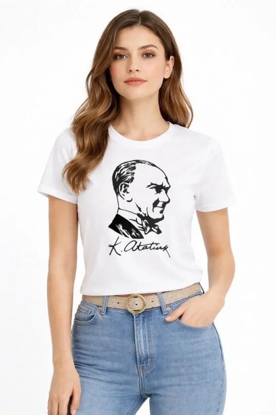 Atatürk Baskılı Tişört Kısa Kollu Bisiklet Yaka T-Shirt - Beyaz — görsel 1/3