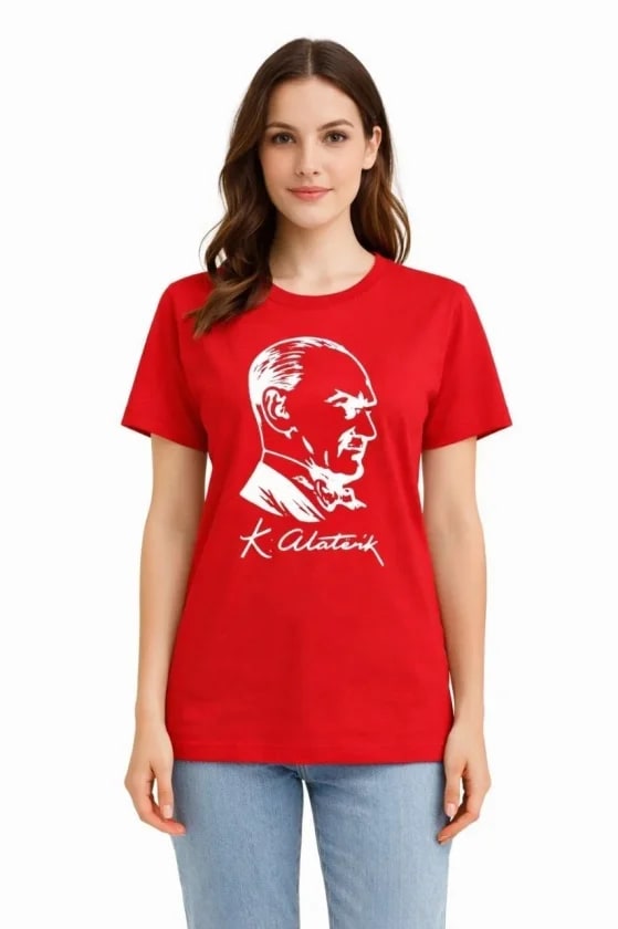 Atatürk Baskılı Tişört Kısa Kollu Bisiklet Yaka T-Shirt - Kırmızı — görsel 1/3