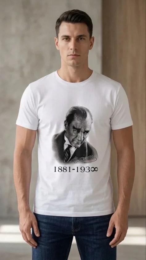 Erkek Atatürk Baskılı Tişört Kısa Kollu Bisiklet Yaka T-Shirt - Beyaz — görsel 1/3