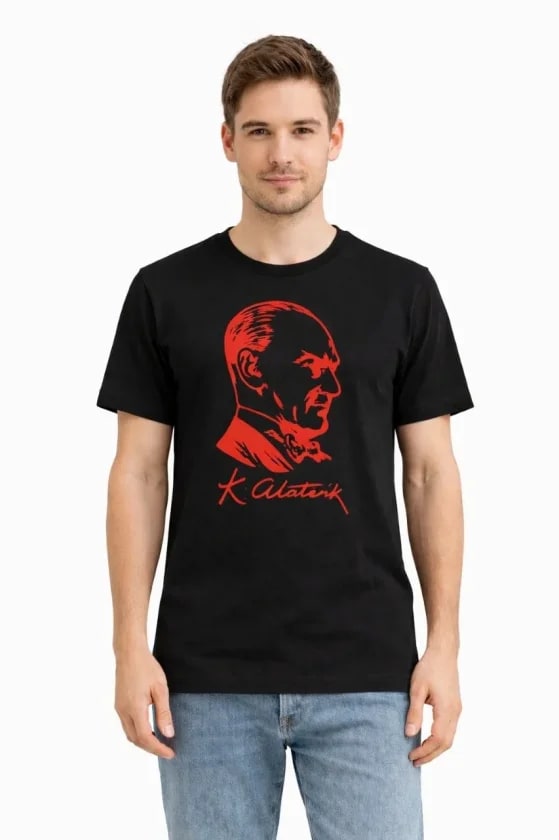 Erkek Atatürk Baskılı Tişört Kısa Kollu Bisiklet Yaka T-Shirt - Siyah — görsel 1/3