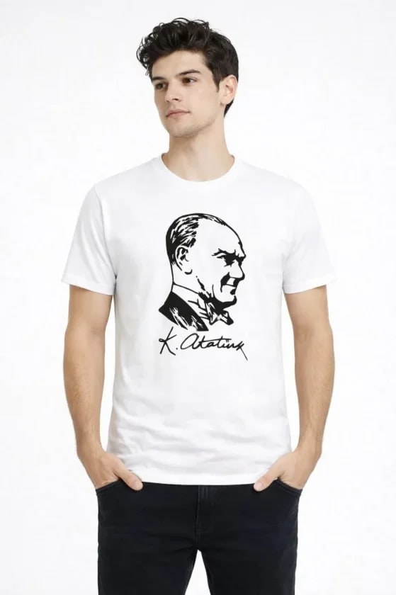 Erkek Atatürk Baskılı Tişört Kısa Kollu Bisiklet Yaka T-Shirt - Beyaz — görsel 1/3