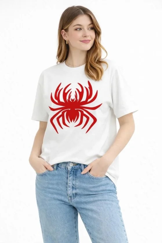 Örümcek Baskılı Tişört Kısa Kollu Bisiklet Yaka T-Shirt - Beyaz — görsel 1/3