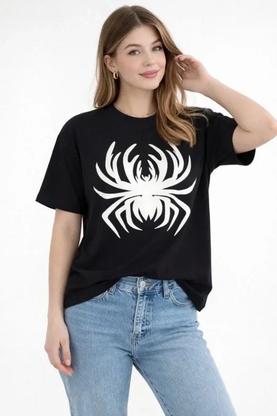 Örümcek Baskılı Tişört Kısa Kollu Bisiklet Yaka T-Shirt - Siyah — görsel 1/3