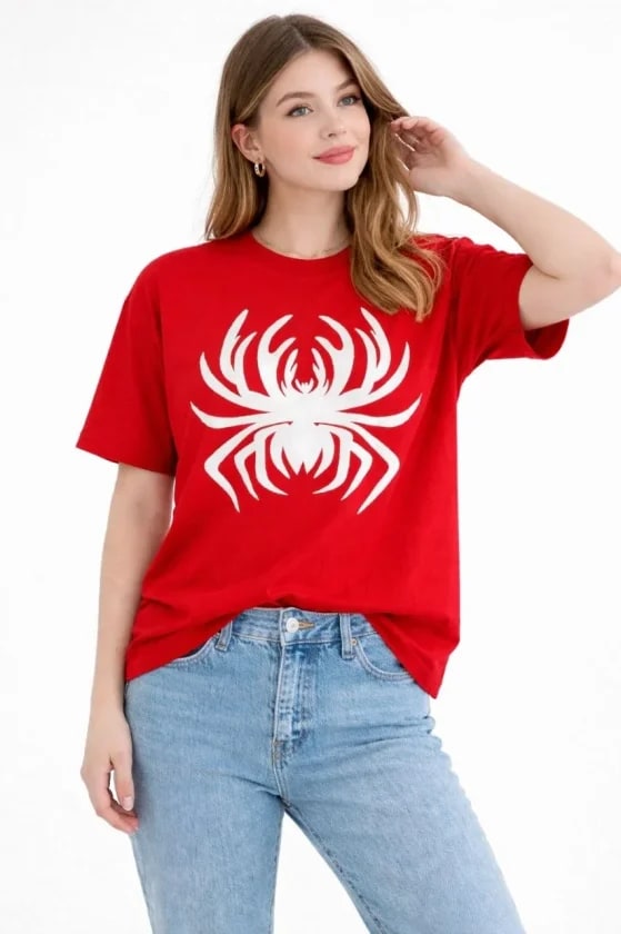 Örümcek Baskılı Tişört Kısa Kollu Bisiklet Yaka T-Shirt - Kırmızı — görsel 1/4