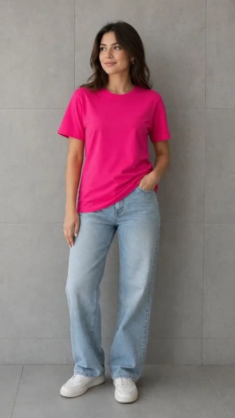Basic Pamuklu Tişört Bisiklet Yaka Düz Renk Relaxed Fit T-Shirt - Fuşya — görsel 1/4