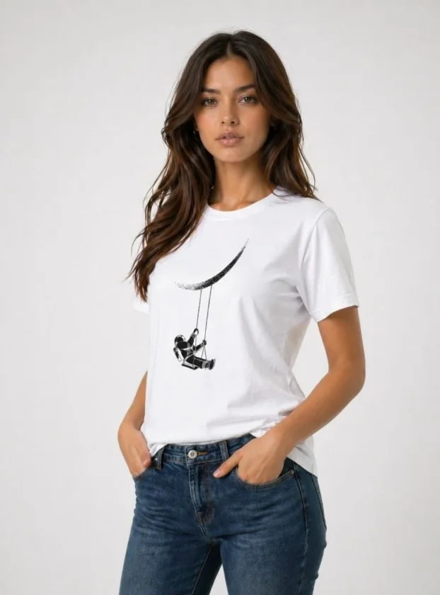 Astronot Ay Temalı Tişört Kısa Kol Yazlık Bisiklet Yaka T-Shirt - Beyaz — görsel 1/3