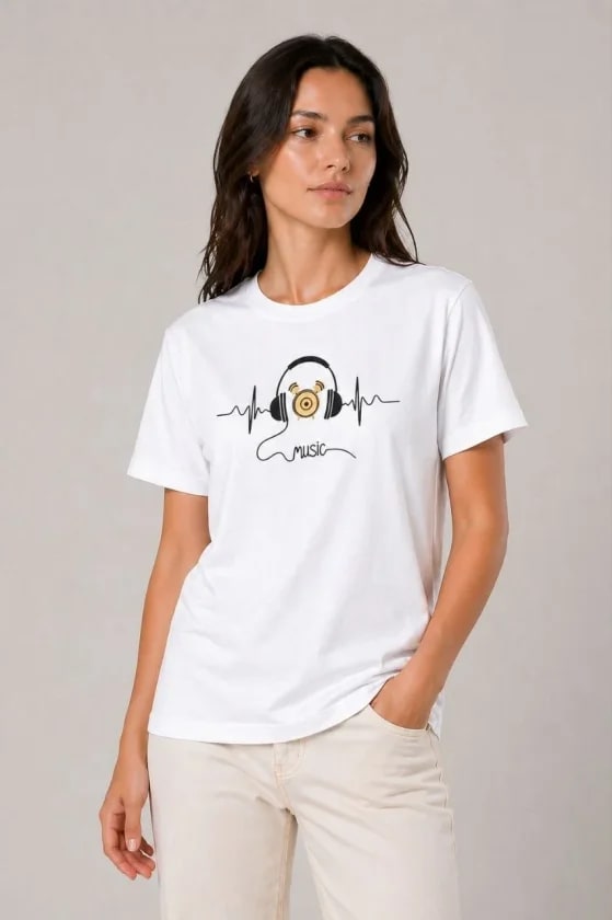 Müzik Temalı Baskılı Tişört Bisiklet Yaka Kısa Kol T-Shirt - Beyaz — görsel 1/3