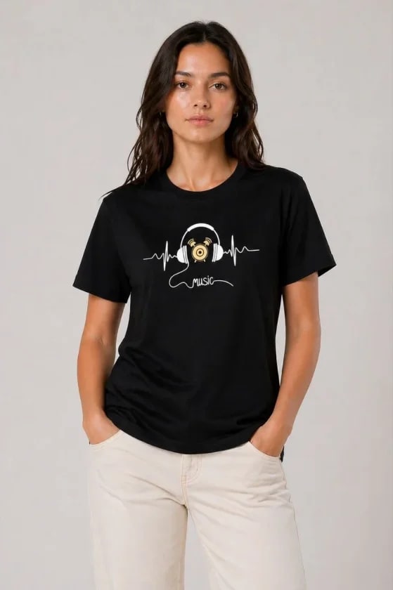 Müzik Temalı Baskılı Tişört Bisiklet Yaka Kısa Kol T-Shirt - Siyah — görsel 1/4