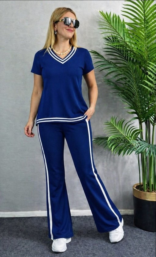 Kadın Kısa Kollu V Yakalı Viskon İki İplik Bluz Ve Pantolon İkili Takım — görsel 1/4