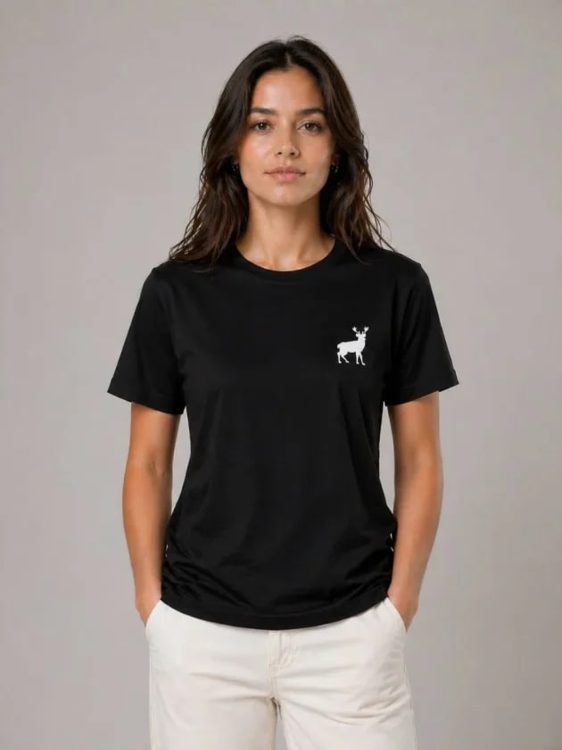 Minimal Geyik Logolu Tişört Bisiklet Yaka Kısa Kol Yazlık T-Shirt - Siyah — görsel 1/4