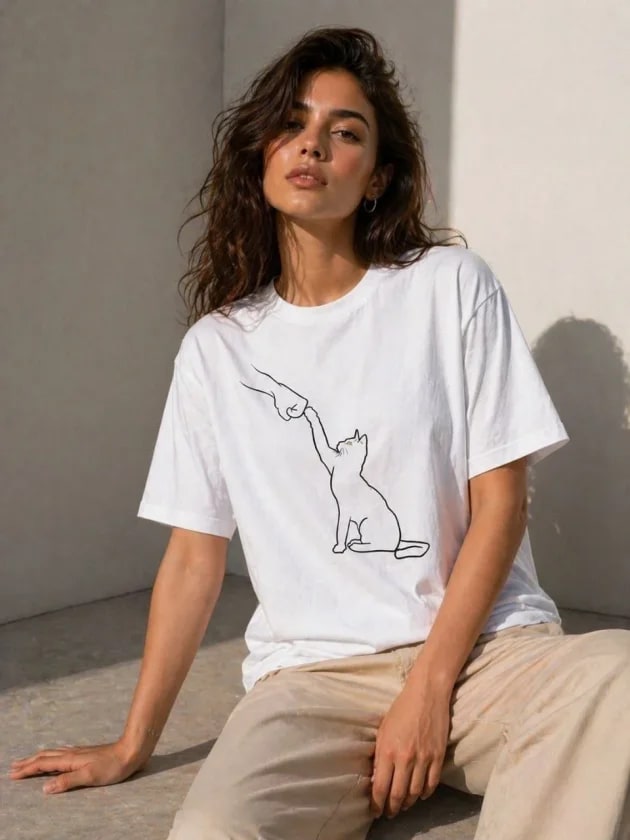 Minimal Kedi Çizim Baskılı Tişört Kısa Kol Yazlık T-Shirt - Beyaz — görsel 1/4