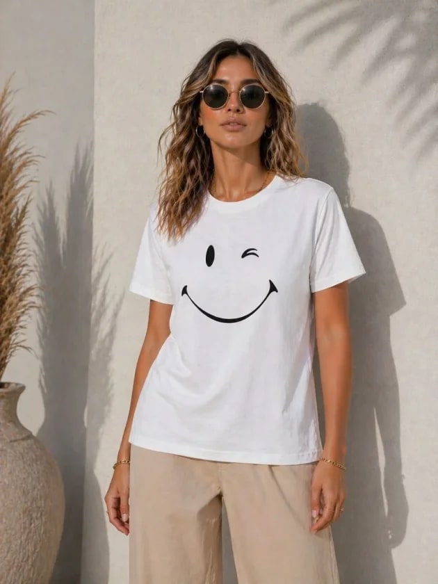 Minimal Gülümseyen Yüz Baskılı Tişört Kısa Kol Yazlık T-Shirt - Beyaz — görsel 1/4