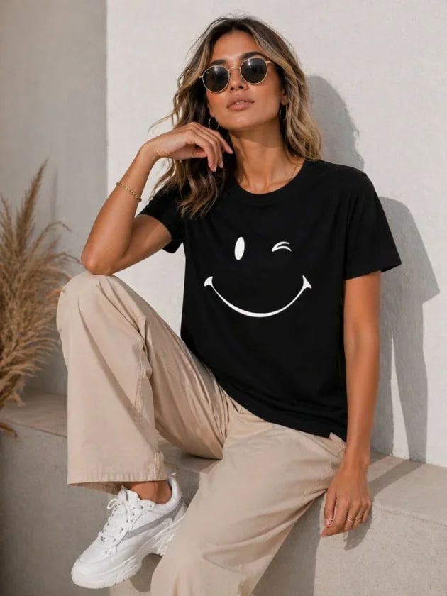 Minimal Gülümseyen Yüz Baskılı Tişört Kısa Kol Yazlık T-Shirt - Siyah — görsel 1/4