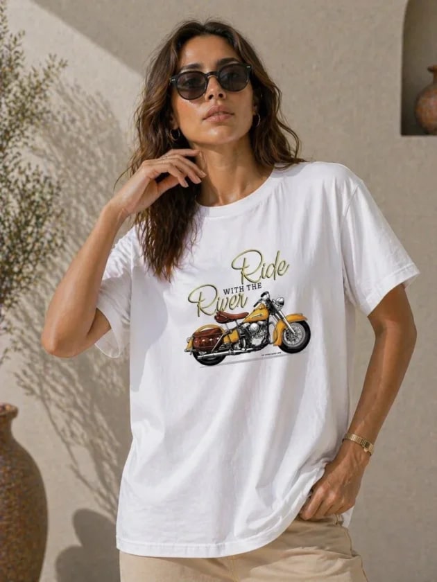 Motosiklet Baskılı Tişört Bisiklet Yaka Kısa Kol Yazlık T-Shirt - Beyaz — görsel 1/4
