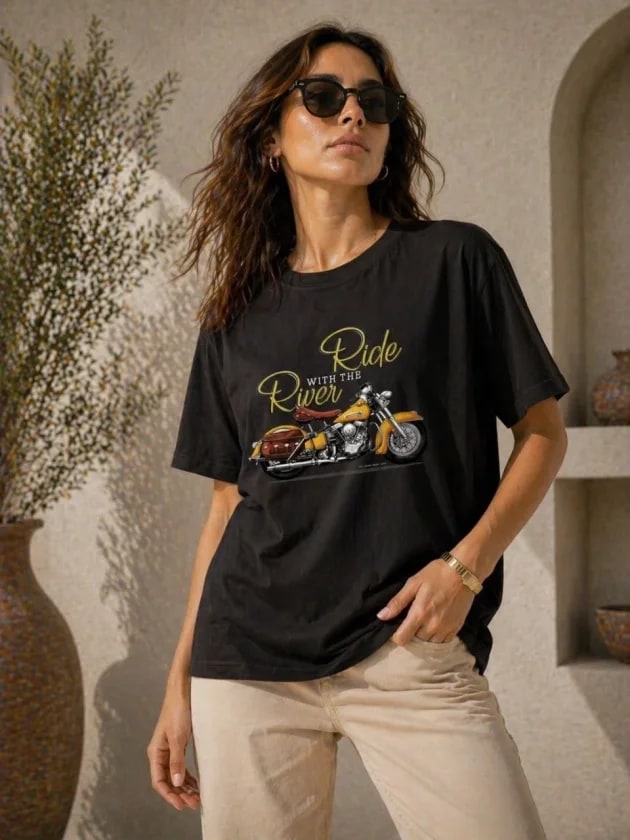 Motosiklet Baskılı Tişört Bisiklet Yaka Kısa Kol Yazlık T-Shirt - Siyah — görsel 1/3