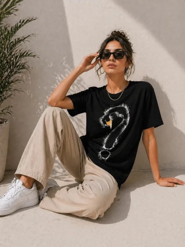 Kuğu Figürlü Soru İşareti Baskılı Tişört Kısa Kol T-Shirt - Siyah — görsel 1/3