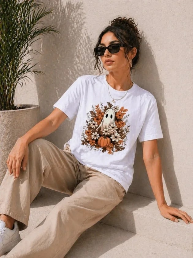 Balkabağı Hayalet Baskılı Tişört Kısa Kol Yazlık T-Shirt - Beyaz — görsel 1/3