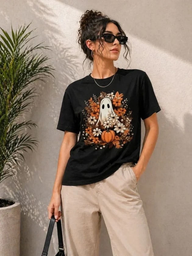 Balkabağı Hayalet Baskılı Tişört Kısa Kol Yazlık T-Shirt - Siyah — görsel 1/3