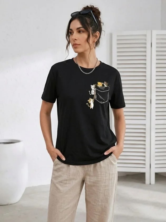 Sevimli Kedi Cep Baskılı Tişört Kısa Kol Yazlık T-Shirt - Siyah — görsel 1/3