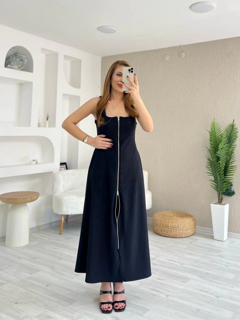 Kadın Askılı Kare Yaka Önden Fermuarlı Geniş Kesim Janjan Krep Elbise — görsel 1/5