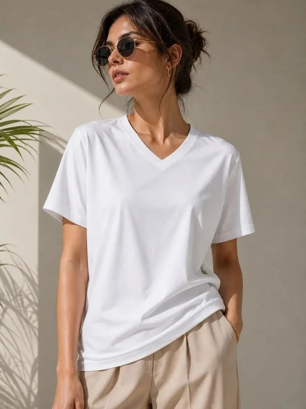 V Yaka Basic Tişört Kısa Kol Yazlık Regular Fit T-Shirt - Beyaz — görsel 1/4