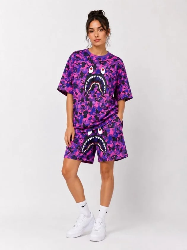 Oversize Kalıp Pubg Bape X Shark Nakışlı Cepli Şort Takım - Mor — görsel 1/3