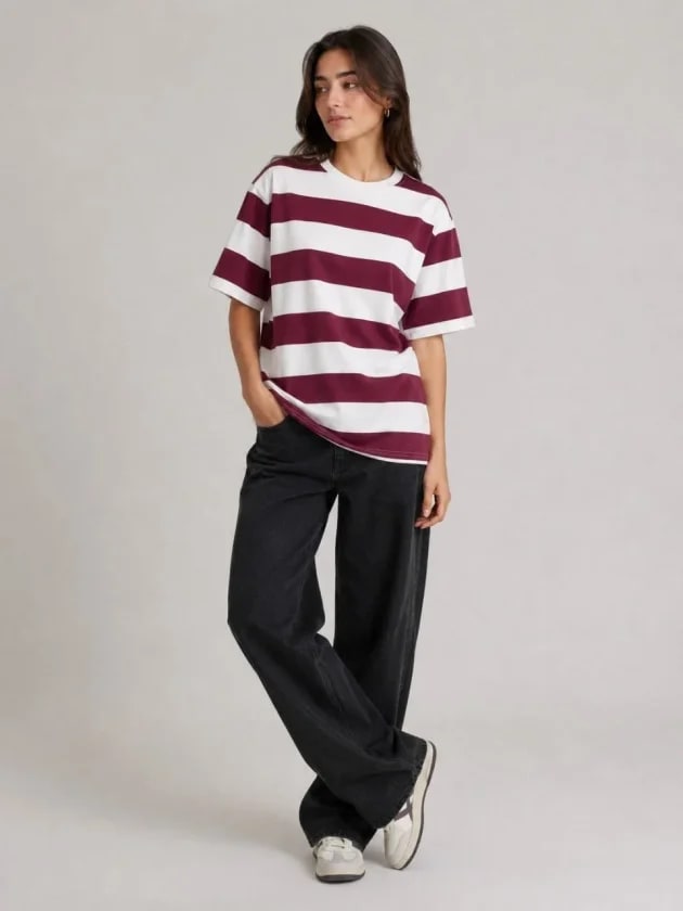 Çizgili Oversize Tişört Bisiklet Yaka Kısa Kol Yazlık T-Shirt - Bordo — görsel 1/3
