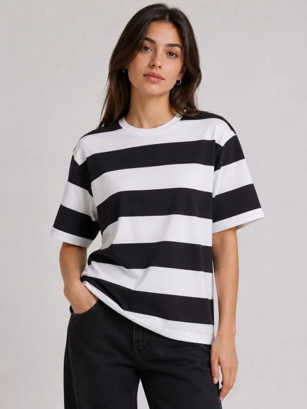Çizgili Oversize Tişört Bisiklet Yaka Kısa Kol Yazlık T-Shirt - Siyah — görsel 1/3