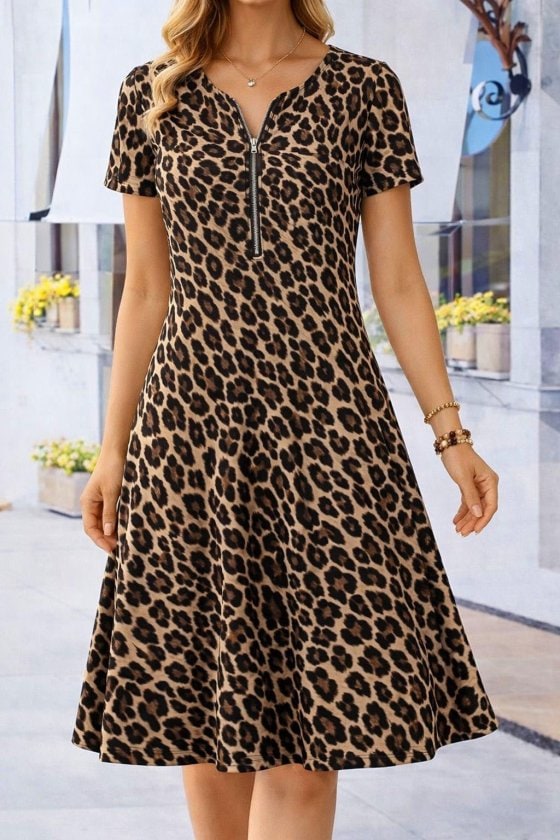 Kadın Kısa Kollu Yakası Fermuar Detaylı Leopar Desenli Midi Süprem Elbise — görsel 1/4