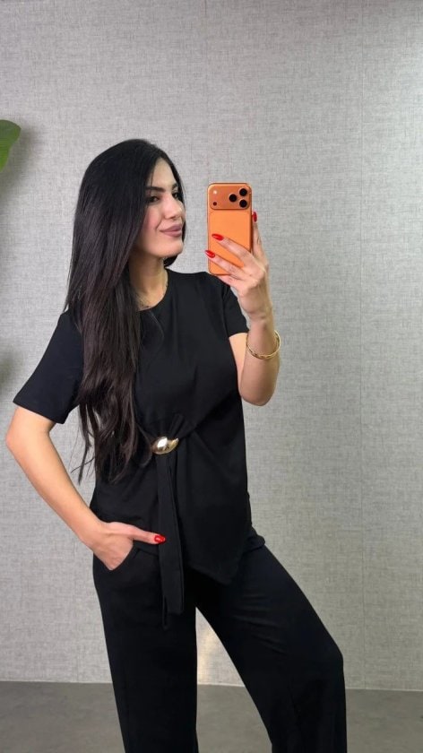 Kadın Kısa Kollu Bisiklet Yaka Yandan Toka Detaylı Viskon İki İplik Bluz Ve Pantolon İkili Takım — görsel 1/4