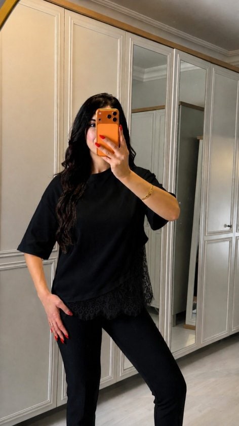 Kadın Kısa Kollu Bisiklet Yakalı Dantel Detaylı Viskon İki İplik Bluz — görsel 1/5