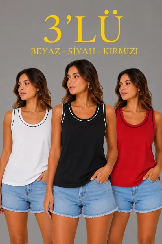 3’lü Kolsuz Sporcu Atlet Seti Yazlık Bisiklet Yakalı - Beyaz, Siyah, Kırmızı — görsel 1/4