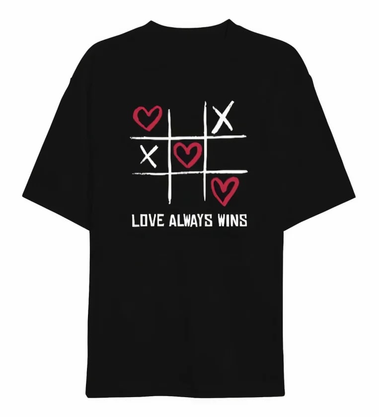 14 Şubat Sevgililer Günü Love Always Wins Baskılı Oversize Bisiklet Yaka T-Shirt - Siyah